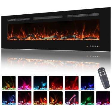 Imagem de Lareira Elétrica de Embutir A44x127L com Temporizador e Chamas Realista, 110V 1500W, Oxhark, Preta