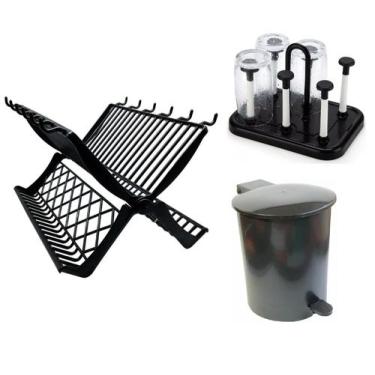 Imagem de Conjunto De Cozinha Escorredor Pratos Copos Lixeira 3 Peças - dr.util