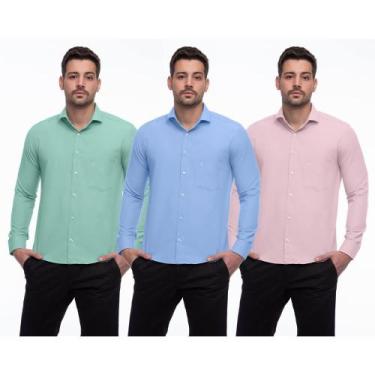 Imagem de Camisa Social Masculina Manga Longa Lisa Punhos Kit 3 Verde/Azul GG - 