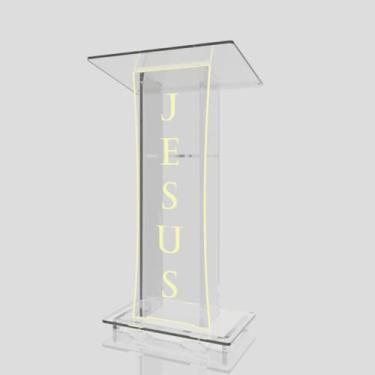Imagem de Púlpito em Acrílico para Igreja e/ou Eventos com Gravação e Led grátis Mod. Rute Transparente (Tradicional, Moderna ou Sem Gravação) Cores em Led. (Grav. "Jesus" Tradicional, LED AMARELO)