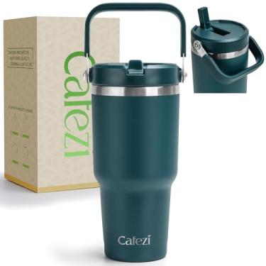 Imagem de Cafezi Copo de 850 g com tampa e canudo, copos isolados a vácuo de aço inoxidável com canudo dobrável e alça superior, garrafa de água isolada reutilizável para casa, escritório, à prova de vazamento,