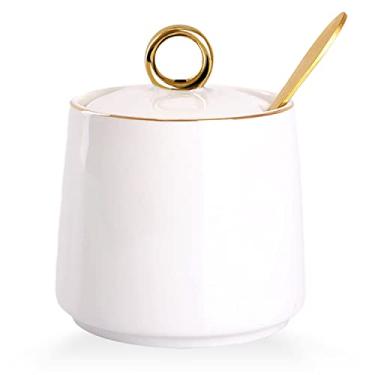 Imagem de WHJY Açucareiro de cerâmica com tampa e colher, recipiente de sal de porcelana branca simples e transparente, caixa de temperos moderna para casa e cozinha cafeteria - branco