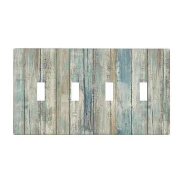 Imagem de Capa decorativa para interruptor de luz quadriciclo vintage azul branco/cinza envelhecido madeira grão de madeira campestre casa de fazenda rústica cozinha 4 gangues interruptor de tomada quádrupla