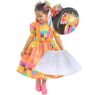 Imagem de Vestido Festa Junina Xadrez Laranja Neon + Saia Tutu + 2 laços de Cabe