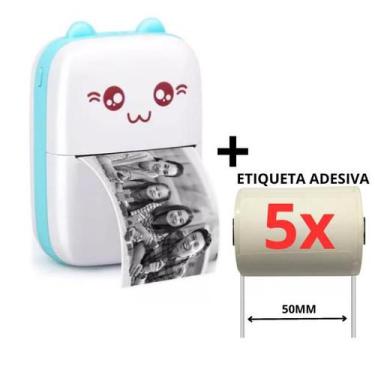 Imagem de Mini impressora foto gatinho + 5 rolos de etiqueta - Xd Mega, Azul