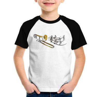 Imagem de Camiseta Raglan Infantil Trombone Notas Musicais - Foca na Moda, Branc