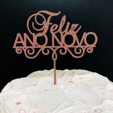 Imagem de Topo de Bolo Feliz Ano Novo Glitter Rose Gold Sonho Fino Rizzo Confeit