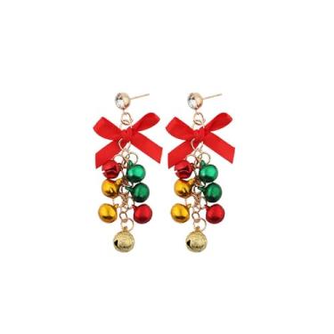 Imagem de Brincos pendentes de corrente longa com laço vermelho, verde, amarelo, sininho de Natal, enfeite fofo, para mulheres, banhado a ouro, com borla de zircônia cúbica, pendurado, hipoalergênico, festival,