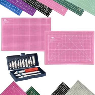 Imagem de Kit Base de Corte A3 45x30cm Patchwork Artesanato Scrapbook Dupla Face Multiuso AutoCura Jogo Estilete de Precisão Profissional 13 Peças (Rosa)