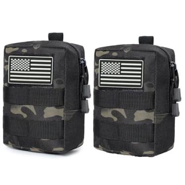Imagem de Pacote com 2 bolsas Molle – colete coldre para celular, bolsa de cintura, acessórios EDC, pequena bolsa utilitária com emblema de bandeira, tático, compacto, resistente à água, camuflagem preta