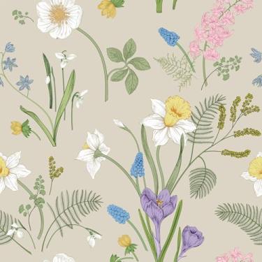 Imagem de VaryFloral Papel de Parede Floral Bege com Flores Silvestres Coloridas e Folhas Verdes, Botânico Removível, 30,5 x 299,7 cm