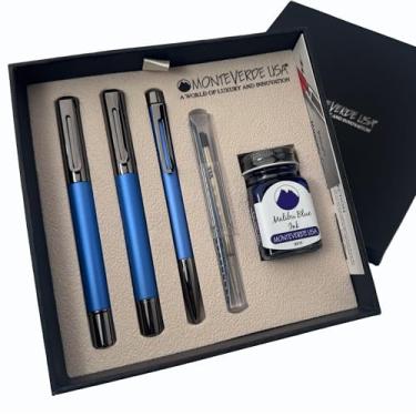 Imagem de Monteverde Ritma Conjunto de presente de 3 + 2 peças, azul - Inclui caneta-tinteiro de ponta flexível, esferográfica, tinta de 30 ml e refil - Ideal para escritores e colecionadores criativos