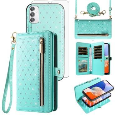 Imagem de Asuwish Capa de celular para Samsung Galaxy A14/M14 5G Carteira com zíper destacável com protetor de tela de vidro temperado alça transversal Bling Flip porta-cartão de crédito A 14 4G 14A 14M G5