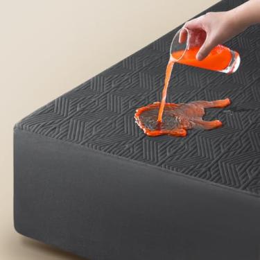 Imagem de Protetor de colchão duplo preto premium refrescante 100% à prova d'água, sem ruído, antiderrapante, respirável, rayon de bambu, acolchoado, lençol de colchão, bolso profundo de 20 a 53 cm