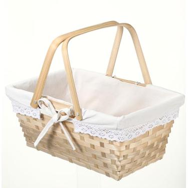 Imagem de LOYIM Cesta de piquenique de 32 cm com alças duplas dobráveis e forro removível, cesto de tecido vazio para piquenique, acampamento, ao ar livre, Halloween, Páscoa, aniversário (forro de renda,