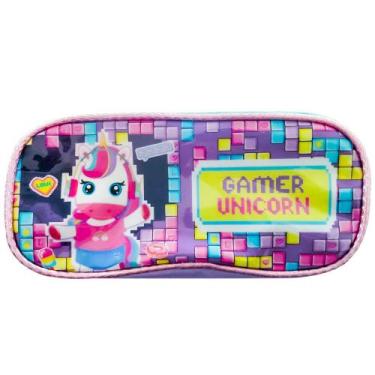 Imagem de Estojo Escolar 2 Compartimentos Unicórnio Gamer Meninas - Denlex, Lilá