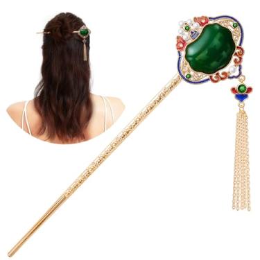 Imagem de KZQtriid Acessórios de cabelo, cobre banhado a ouro 14k, vintage feito à mão, pauzinhos de cabelo de 17 cm para mulheres, esmalte colorido, jade, longevidade, trava, borlas, prendedor de cabelo