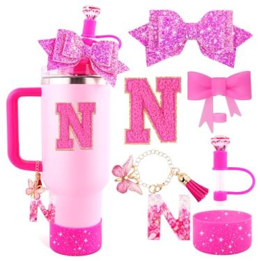 Imagem de Lingdeer Conjunto de acessórios de copo rosa rosa para Stanley copo de 850 g e 1,134 g com alça, pingentes de letras, capas de canudo de arco e diamante, bota de silicone com glitter, adesivo