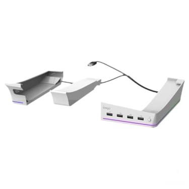 Imagem de AARONMEI Suporte horizontal para consoles de unidade digital/ótica PS5 Pro com 14 modos de iluminação RGB, base de armazenamento de 4 portas USB (branca)