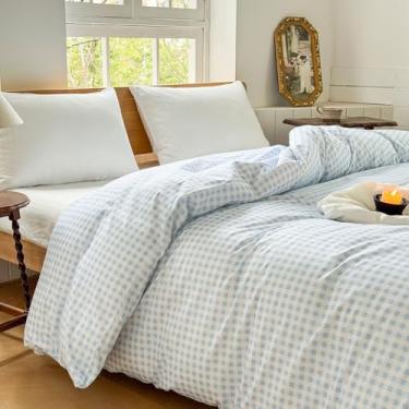 Imagem de Cobertor de algodão guingão azul claro 122 x 183 cm, capa de edredom xadrez azul xadrez para cobertor pesado, capa de edredom pesado de algodão quadriculado (cinza claro, 122 x 183 cm)