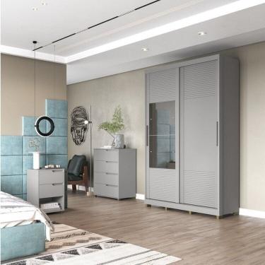 Imagem de Quarto Solteiro com Guarda-Roupa 2 Portas de Correr, Cômoda e 1 Mesa de Cabeceira Thales Cinza