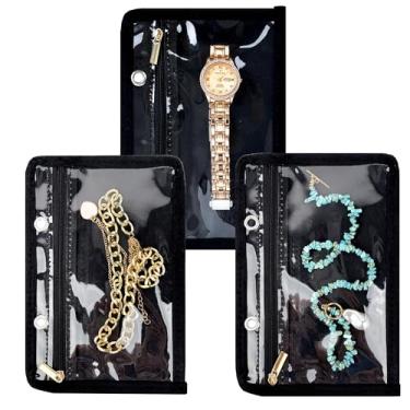 Imagem de LingLingo Estojo organizador de joias de viagem, pequenos sacos de joias para armazenamento de joias, fichário com zíper transparente de veludo para viagens (páginas internas, preto, 3 peças, grande)