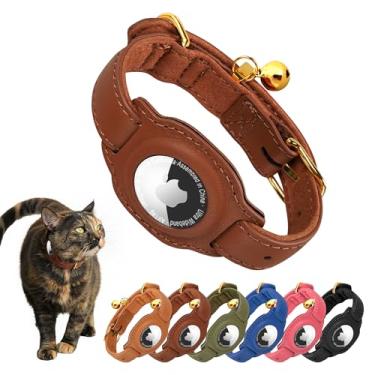 Imagem de Jowlroel Coleira AirTag para gatos com sino e forro de tecido - Coleira de couro para gatos - Coleira de couro para gatinhos que não quebram com suporte para AirTag - Coleiras GPS para gatos meninos e