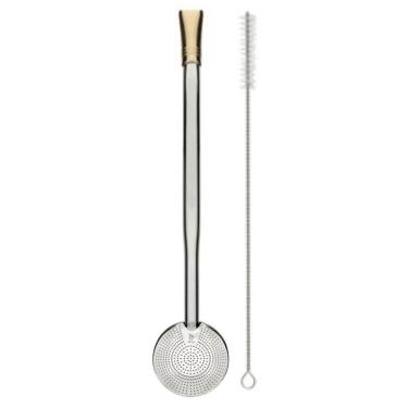 Imagem de Bomba para Chimarrão 19cm Bojo 800 Furos Inox Bocal Dourado Lisa Bortonaggio