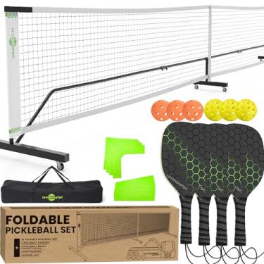 Imagem de Conjunto de pickleball dobrável com rede – rede portátil ao ar livre com rodas, 4 pás, bolas e marcadores, configuração instantânea, armazenamento compacto (19 cm), tamanho regular para jogos de