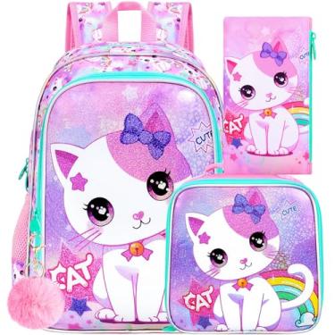 Imagem de gxtvo 3 peças, mochila branca para meninas, 40,6 cm com lancheira, mochila escolar resistente à água para crianças pré-escolares do ensino fundamental, Gato branco com impressão UV, One Size, Gato