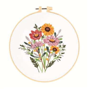 Imagem de Huacan Kits de bordado para adultos, iniciantes, 1 peça com estampa de flores estampadas, kit de costura faça você mesmo, ponto cruz 19 x 19 cm