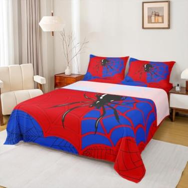 Imagem de Jogo de cama solteiro solteiro com teia de aranha preta, aracnídea, inseto aracnídeo, animal, decoração de quarto de meninos, meninas, mulheres, homens, dia das bruxas, gótico, vermelho, azul, 3 peças