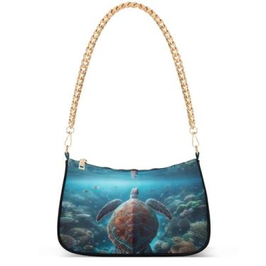 Imagem de Yellow Ducks on Blue Phone Wallet Purse Hobo Designer Bag Women Handbags Shoulder Strap Moon Ladies Shoulder Bag, Tartaruga marinha sob noite estrelada