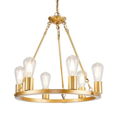 Imagem de GYNAZIX Lustre Dourado Com 6 Luzes Em Formato De Roda Carroça, Luminária Pendente Dourada Moderna Para Sala Estar, Quarto, Entrada, Hall Suspensa Lâmpadas E26 18,1".