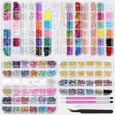 Imagem de kikonoke Kit De Nail Art Com 12 Caixas Strass 2 A 4 Mm, Tachas 3D Douradas/Prateadas, Meias-Pérolas Brancas, Pingentes Florais Rosa E Lantejoulas Holográficas Estrelas/Borboletas + Ferramentas Para