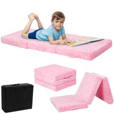 Imagem de MeMoreCool Colchão de chão dobrável Glow Unicorn para crianças, tapete de cochilo com três dobras para crianças, futon ou cama de chão portátil para creche, 143 x 55 cm, rosa