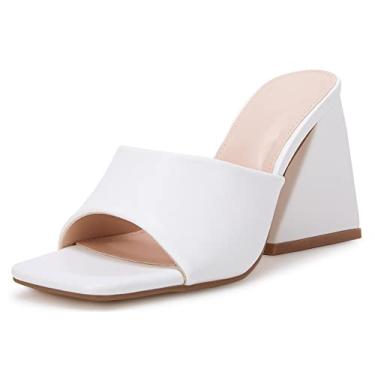 Imagem de Sandálias femininas de salto quadrado, bico aberto, slip on block Heels Mules, Branco, 7.5