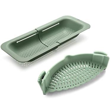 Imagem de Domonic Home Coador Ajustável Sobre A Pia, De Silicone Com Clipe Para Panelas, Coadores E Escorredores, Cesta Plástico Escorredor Alimentos, Massas, Vegetais, Cozinha, Extensível 14,5" 19,5", Verde