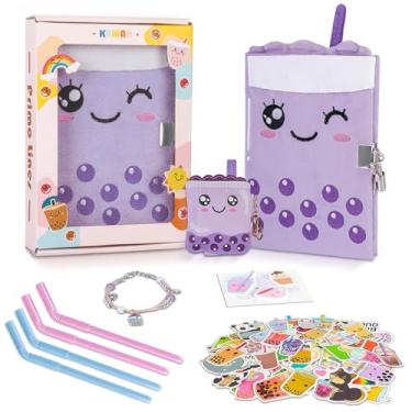 Imagem de Primo Lines Gift Kit for Girls, Diary with Lock and Key,Boba Tea Plush Journal for Teen Girls,fuzzy diary for girls,Kawaii Birthday Gift Set with Purse,4 Straws Pens, Post-it Note,Stickers(Purple)