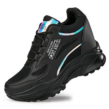 Imagem de AONEGOLD Tênis feminino de salto alto com cadarço e plataforma, Preto - 38, 6