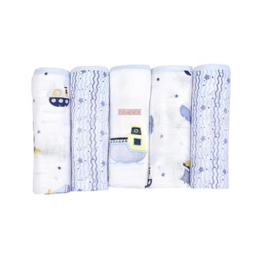 Imagem de Fralda de Pano Bordada Estampada Ombro com Bainha Kit 5 Unidades Minasrey Cia Estampada (Barquinho Azul)