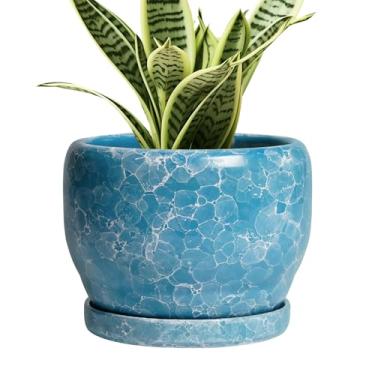 Imagem de SQOWL Vaso de plantas de 15 cm - Vaso interno de cerâmica com orifício de drenagem e pires, vaso de flores decorativo de cerâmica ao ar livre, vaso de suculentas redondo, decoração de sala de