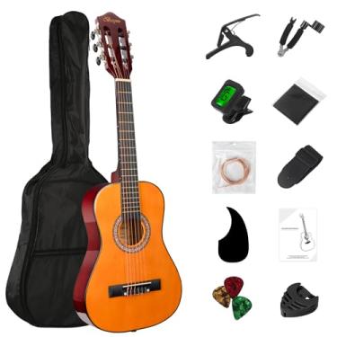 Imagem de BESYOU Kit básico para iniciantes para guitarra acústica de 76,2 cm, afinador, capo, cordas enroladoras, palhetas para crianças, estudantes, jovens, violão, pickguard com gig bag, laranja
