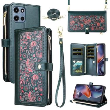 Imagem de Dswteny Capa carteira floral para Motorola Moto G 5G 2025 com alça de ombro, bolsa com zíper de couro PU, suporte de cartão de crédito, acessórios para celular para G5G 5 G G5 mulheres homens verde