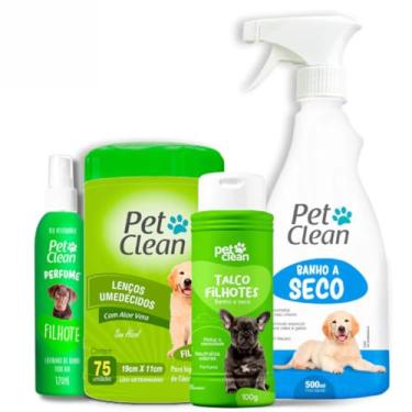 Imagem de Kit Banho a Seco 500ml + Talco 100g + Lenço Umedecido 75un + Perfume 120ml Pet Clean - Higiene e Limpeza para Cães e Gatos (Filhote)
