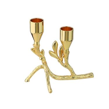 Imagem de Castiçal duplo de luxo inspirado no ramo dourado de aço de liga sólida 2 castiçais para console de mesas – 13 cm x 6,5 cm/cor dourada