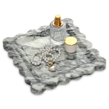 Imagem de HESHIBI Bandeja decorativa quadrada de mármore com borda recortada, bandeja luxuosa de pedra natural para banheiro, cômoda, perfume, café, casa, cozinha, pia, anel (esmeralda verde, 8 x 8)