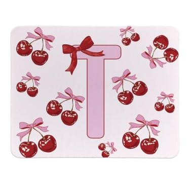 Imagem de Rusenbao Lindo mouse pad de cereja personalizado, pequeno e fofo coquete rosa com laço para mulheres e meninas, mousepads iniciais personalizáveis para laptop, computador, escritório, 24 x 19 cm