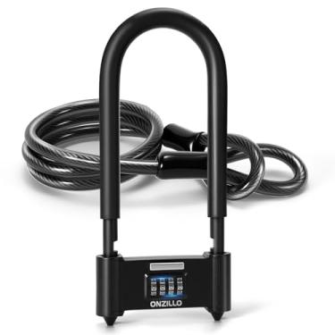 Imagem de ONZILLO Trava de bicicleta, fechaduras de bicicleta resistentes antifurto com cabo de aço de segurança, combinação reinicializável de 4 dígitos, trava em U de 16,5 mm, bloqueio em U de bicicleta longa