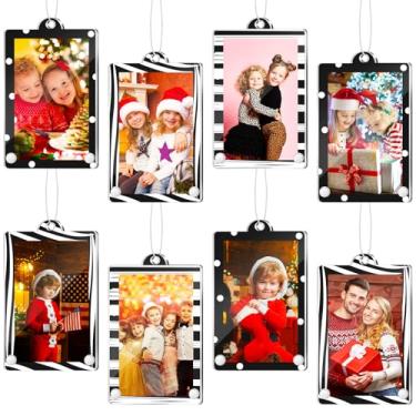 Imagem de Weysat 8 peças de enfeites de foto de acrílico de Natal para pendurar porta-retratos tamanho carteira molduras para decoração de árvore de Natal, rasgue a película de raspar antes de usar (preto